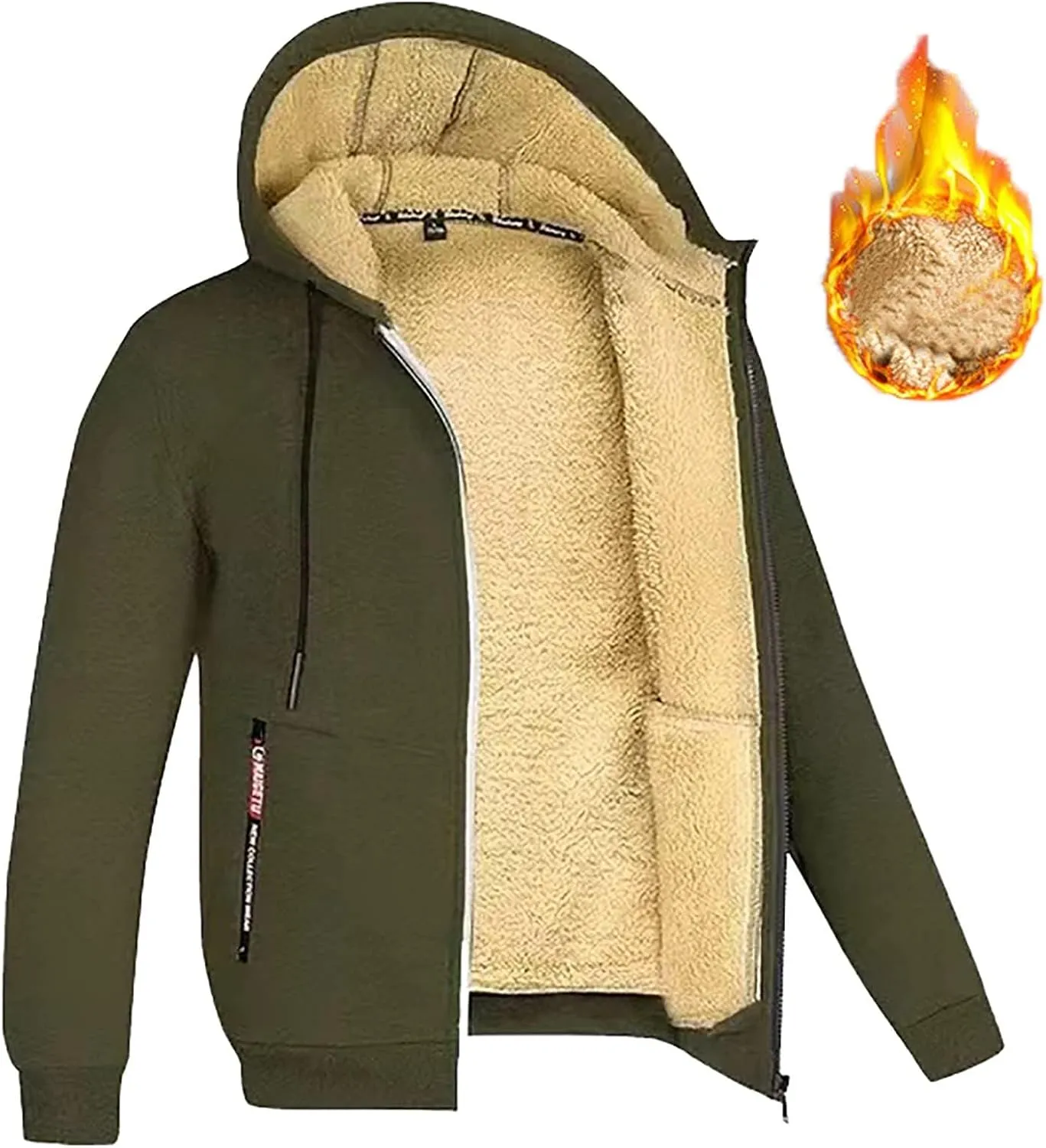 Mens Fleece Jacket Sherpa Fleece Lined Hoodies Full Zip Wool Warm Thick Coats Athletic Sweatshirt Overwear with Hood