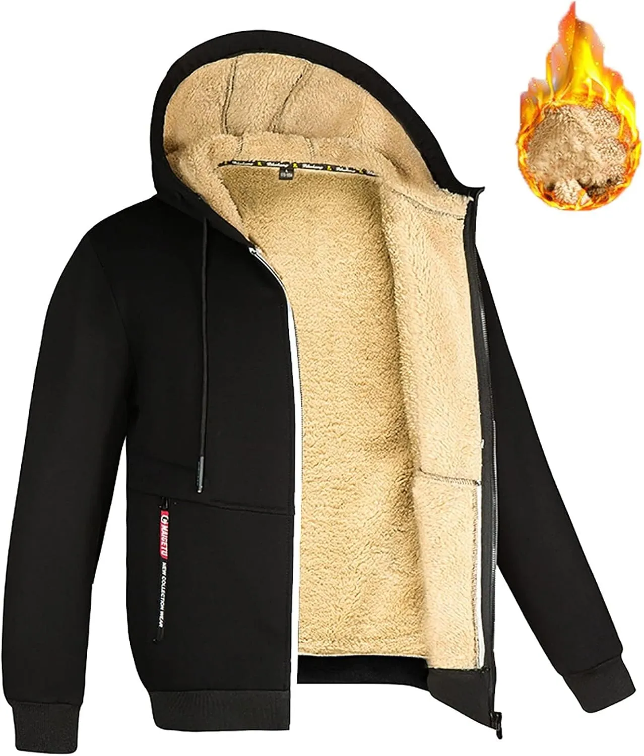 Mens Fleece Jacket Sherpa Fleece Lined Hoodies Full Zip Wool Warm Thick Coats Athletic Sweatshirt Overwear with Hood