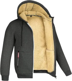Mens Fleece Jacket Sherpa Fleece Lined Hoodies Full Zip Wool Warm Thick Coats Athletic Sweatshirt Overwear with Hood