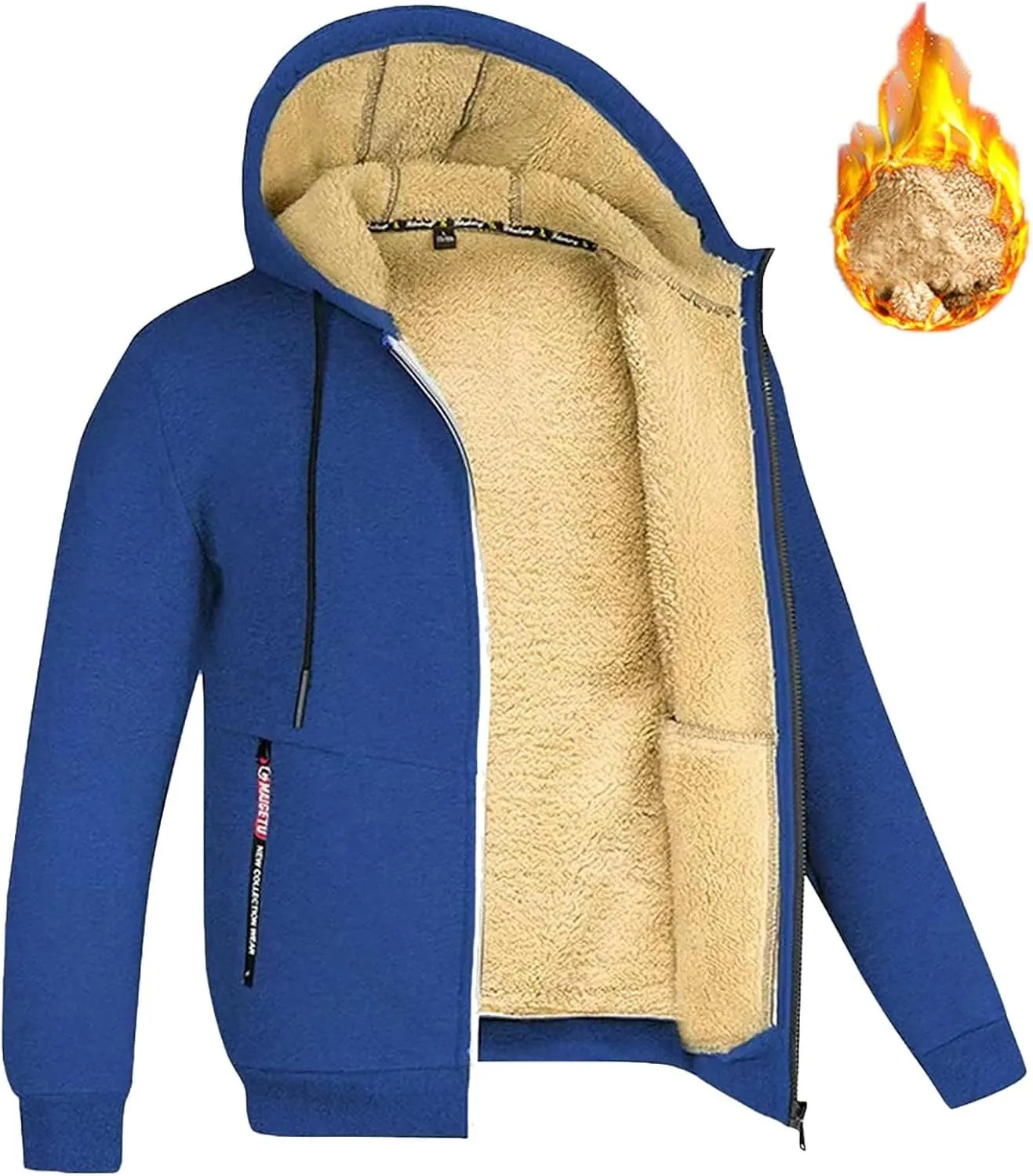 Mens Fleece Jacket Sherpa Fleece Lined Hoodies Full Zip Wool Warm Thick Coats Athletic Sweatshirt Overwear with Hood