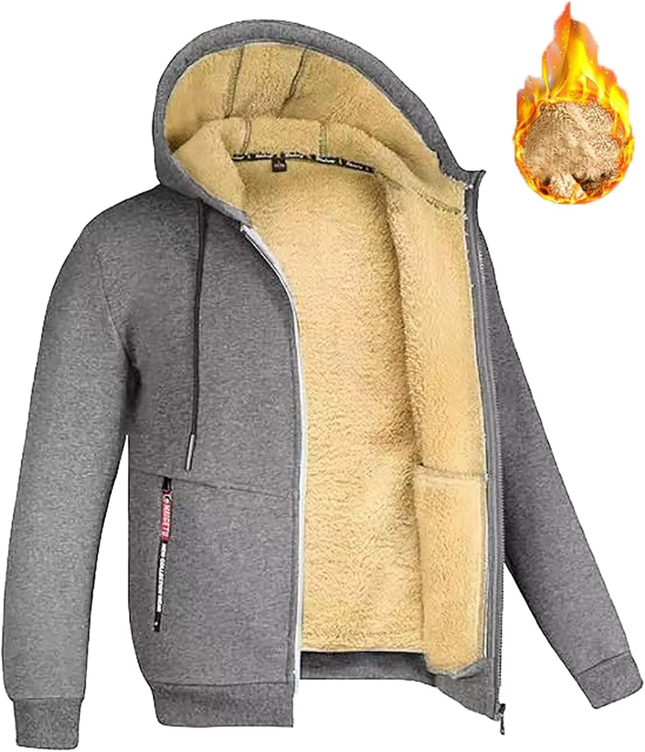 Mens Fleece Jacket Sherpa Fleece Lined Hoodies Full Zip Wool Warm Thick Coats Athletic Sweatshirt Overwear with Hood