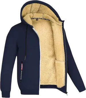 Mens Fleece Jacket Sherpa Fleece Lined Hoodies Full Zip Wool Warm Thick Coats Athletic Sweatshirt Overwear with Hood