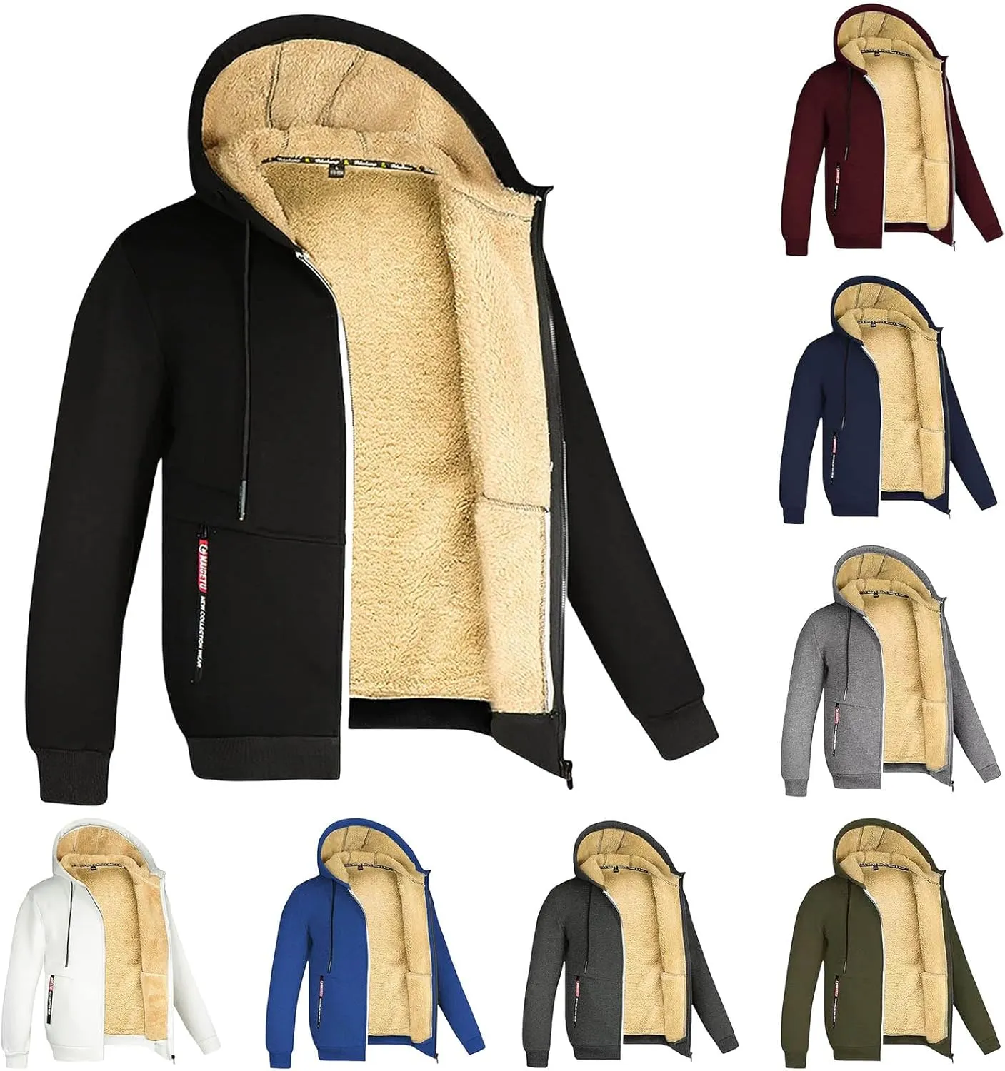 Mens Fleece Jacket Sherpa Fleece Lined Hoodies Full Zip Wool Warm Thick Coats Athletic Sweatshirt Overwear with Hood