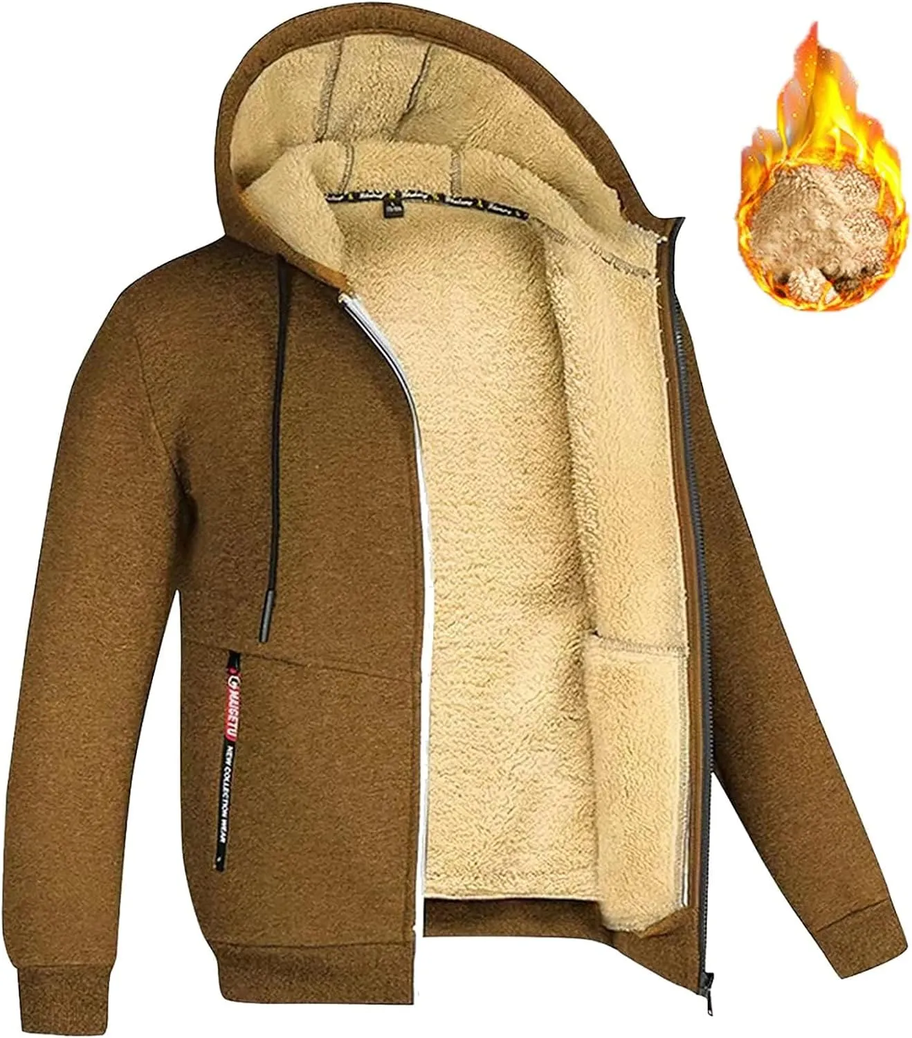 Mens Fleece Jacket Sherpa Fleece Lined Hoodies Full Zip Wool Warm Thick Coats Athletic Sweatshirt Overwear with Hood