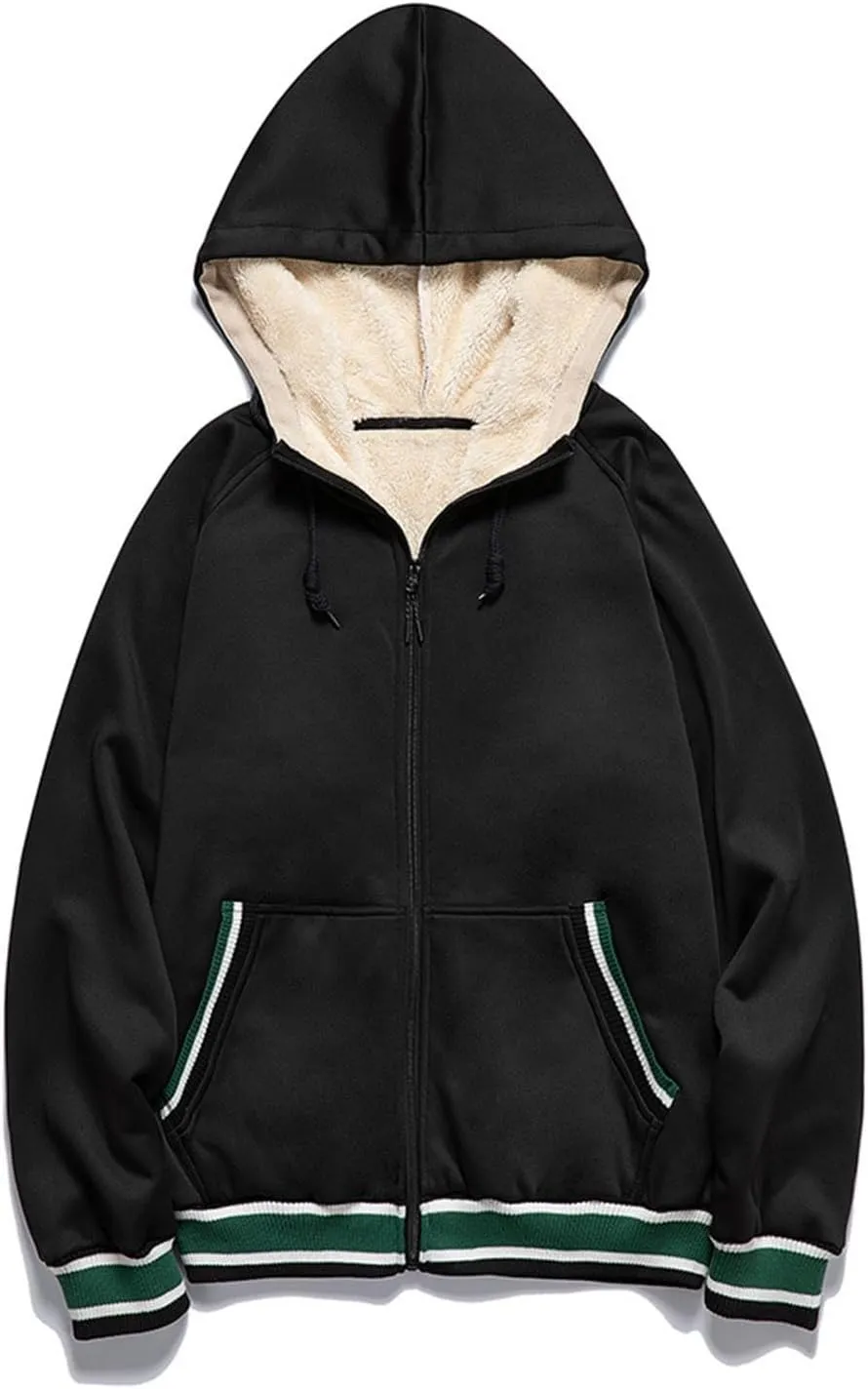 Men's Fleece Lined Hoodies Jackets Casual Long Sleeve Full Zipper Hooded Coats Color Block Warm Jacket Outfits