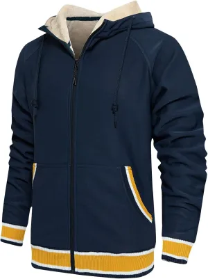 Men's Fleece Lined Hoodies Jackets Casual Long Sleeve Full Zipper Hooded Coats Color Block Warm Jacket Outfits