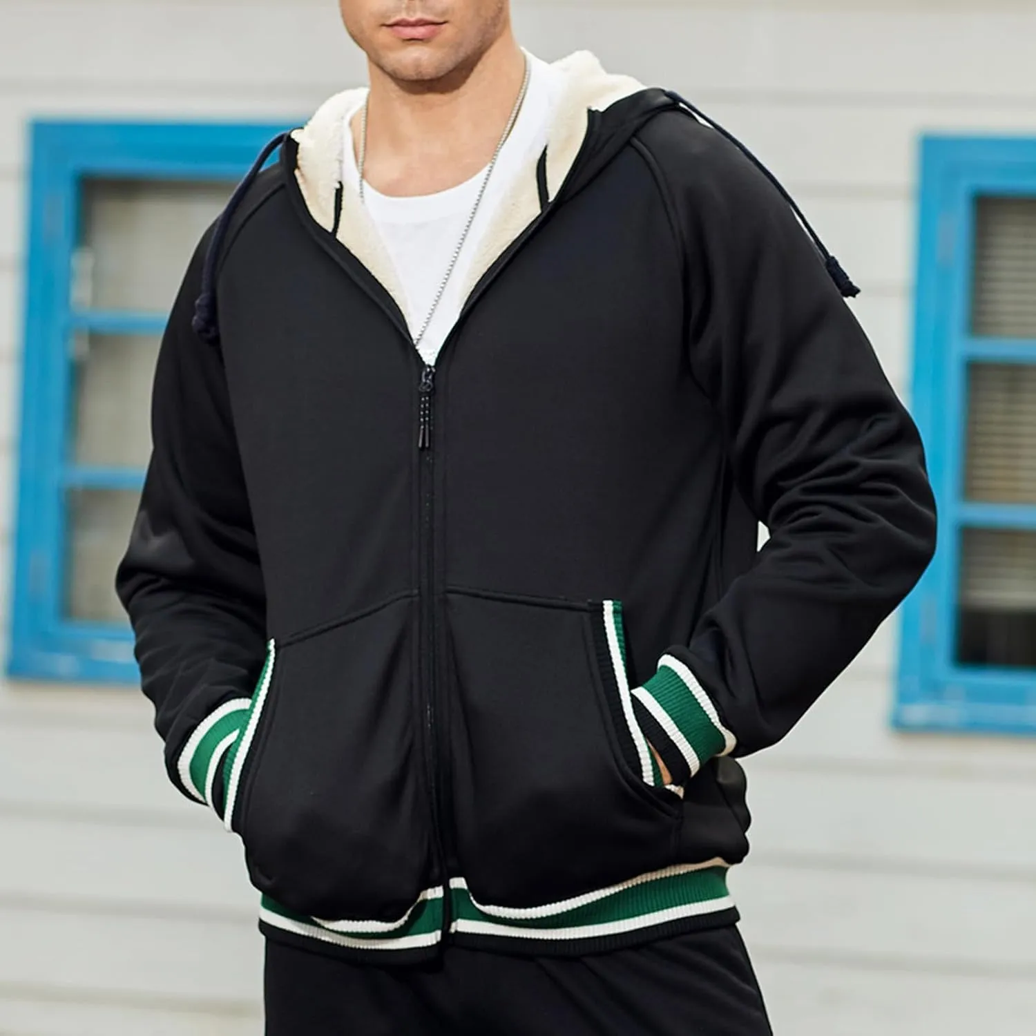 Men's Fleece Lined Hoodies Jackets Casual Long Sleeve Full Zipper Hooded Coats Color Block Warm Jacket Outfits