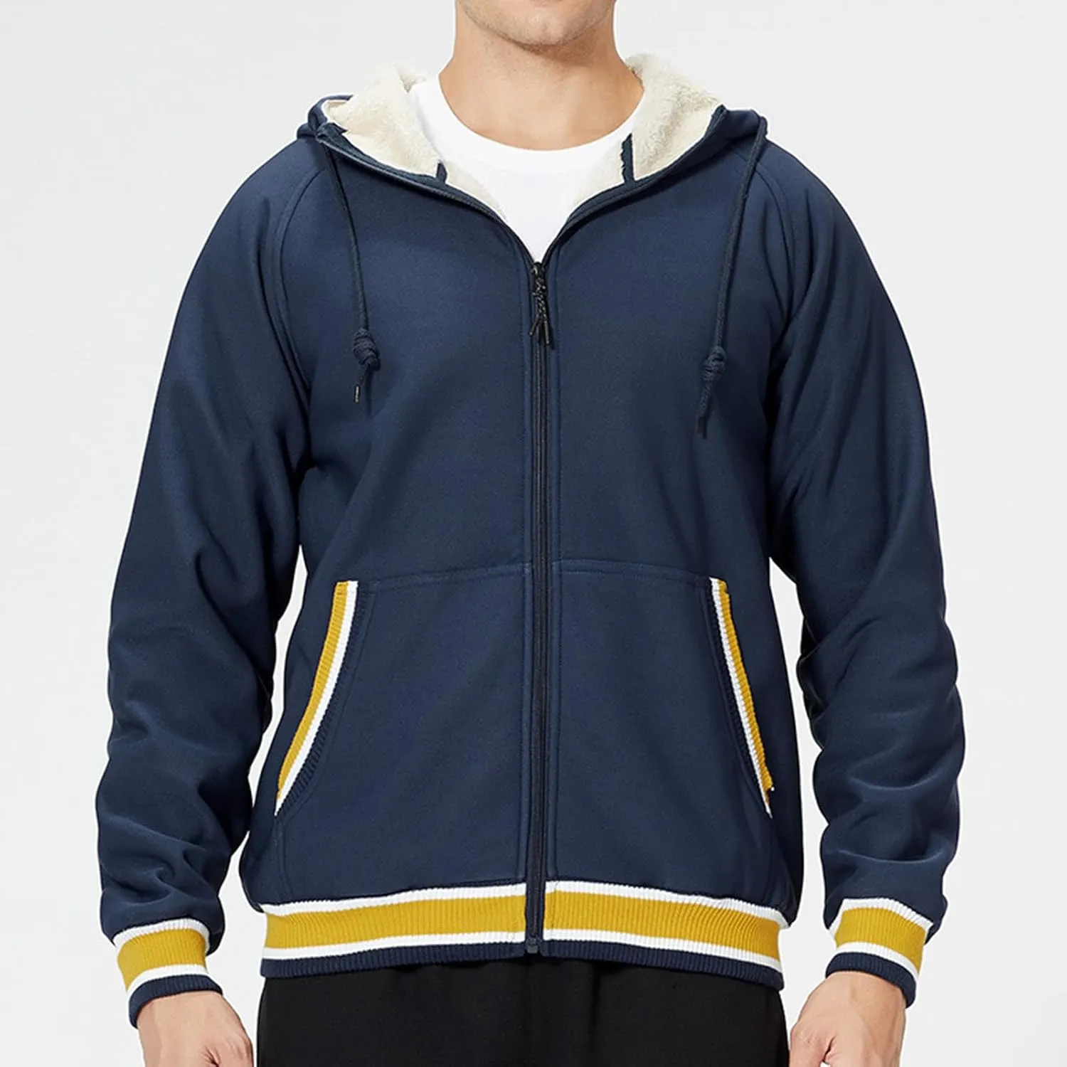 Men's Fleece Lined Hoodies Jackets Casual Long Sleeve Full Zipper Hooded Coats Color Block Warm Jacket Outfits
