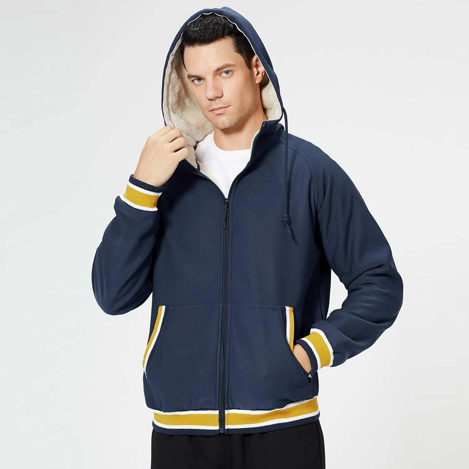 Men's Fleece Lined Hoodies Jackets Casual Long Sleeve Full Zipper Hooded Coats Color Block Warm Jacket Outfits