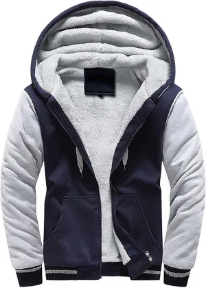 Mens Fleece Lined Hoodies Zip Up Winter Heavyweight Hooded Sweatshirt Jackets Thicken Warm Parka Jackets Outwear Blue