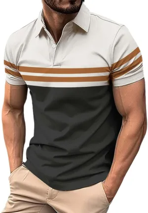 Men's Funny Printed Polo Shirts Moisture Wicking Performance Tops Workout Striped Shirt Color Block Fashion Golf Tee
