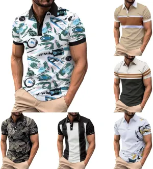 Men's Funny Printed Polo Shirts Moisture Wicking Performance Tops Workout Striped Shirt Color Block Fashion Golf Tee