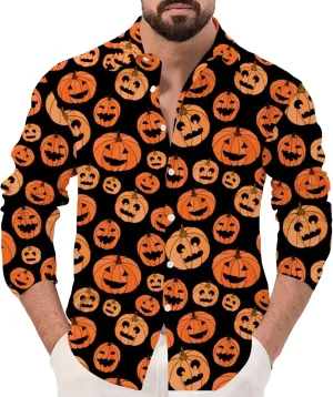 Mens Halloween Christmas Shirts Novetly Pumpkin Printed Long Sleeve Button Down Shirt Party Aloha Beach Hippie Tees
