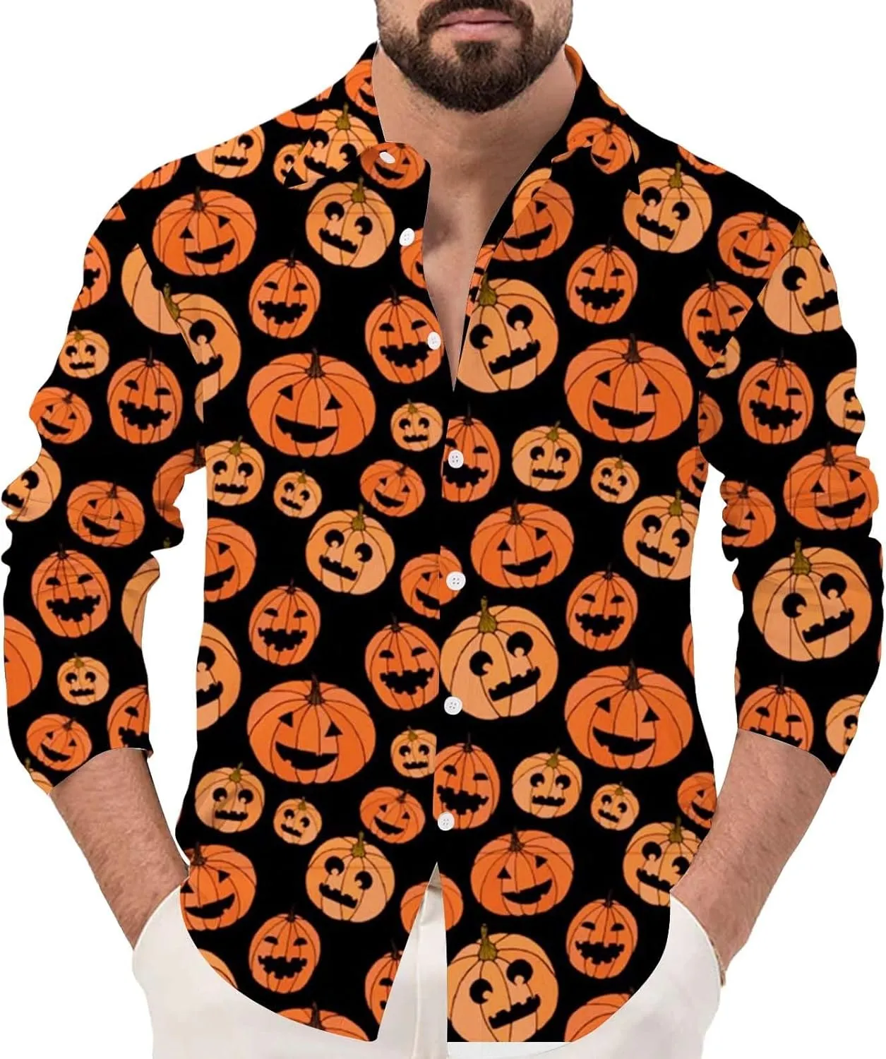 Mens Halloween Christmas Shirts Novetly Pumpkin Printed Long Sleeve Button Down Shirt Party Aloha Beach Hippie Tees