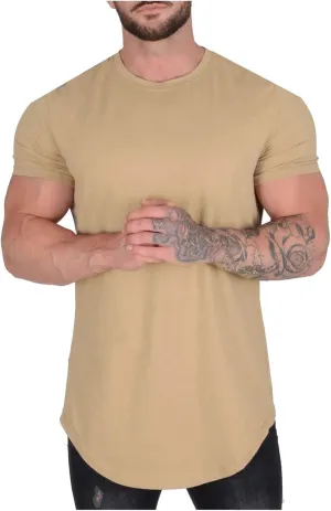 Mens Longline Muscle Fit T Shirts Short Sleeve Gym Workout Bodybuilding Tee Tops Solid Color Basic Hipster Sport Tops