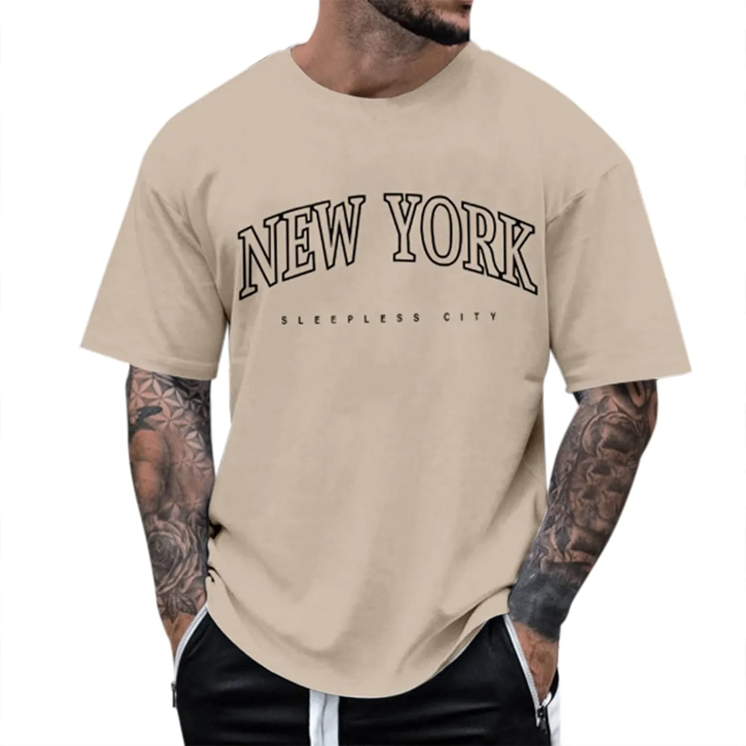 Men's Oversized Graphic Tees Short Sleeve New York Letter Print T-Shirt Summer Causal Crewneck Tee Tops