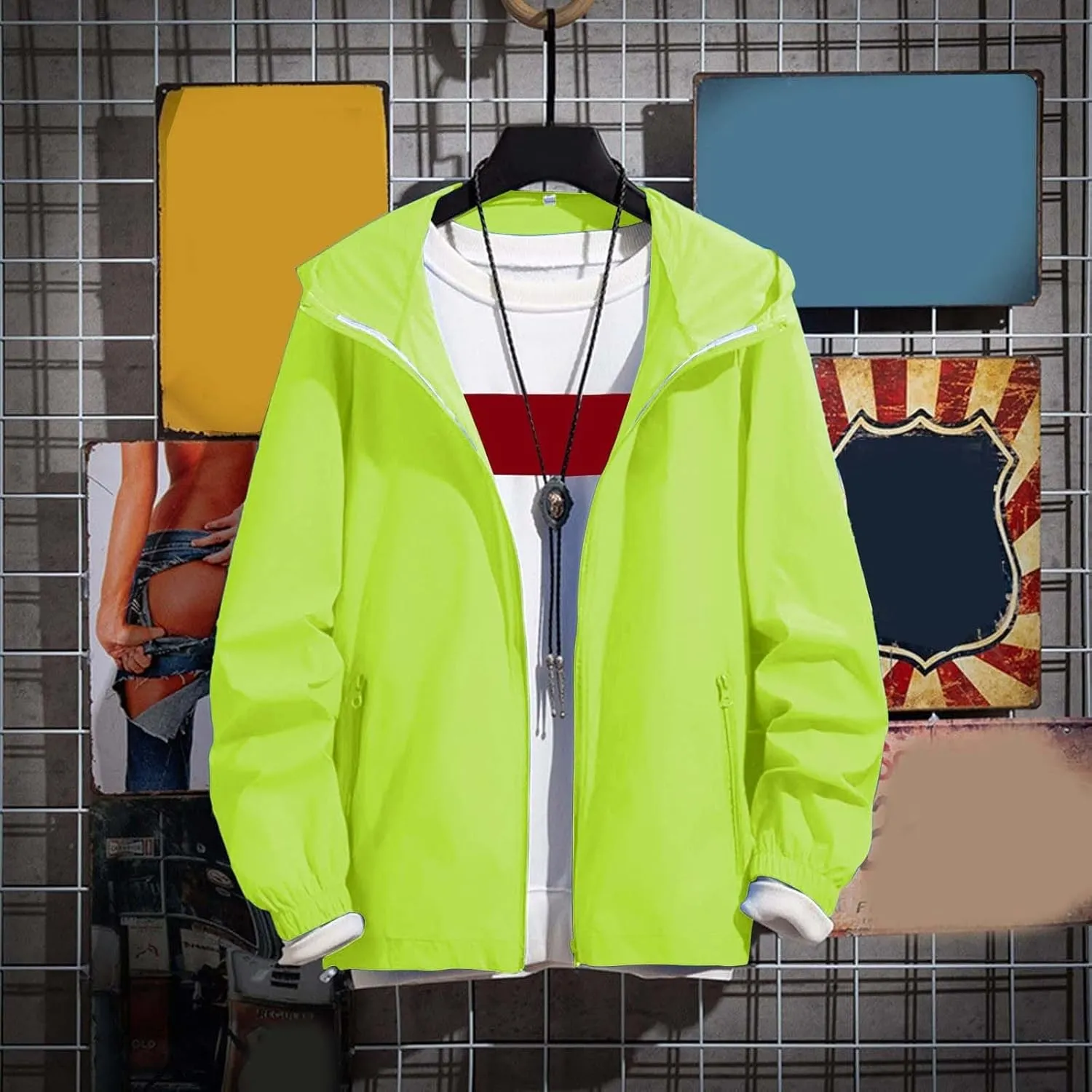 Men's Oversized Zip Up Raincoats Lightweight Waterproof Thin Outdoor Hiking Jackets with Hood Soft Shell Windbreaker
