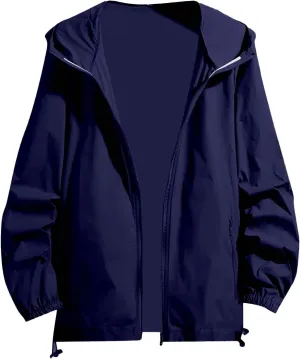 Men's Oversized Zip Up Raincoats Lightweight Waterproof Thin Outdoor Hiking Jackets with Hood Soft Shell Windbreaker