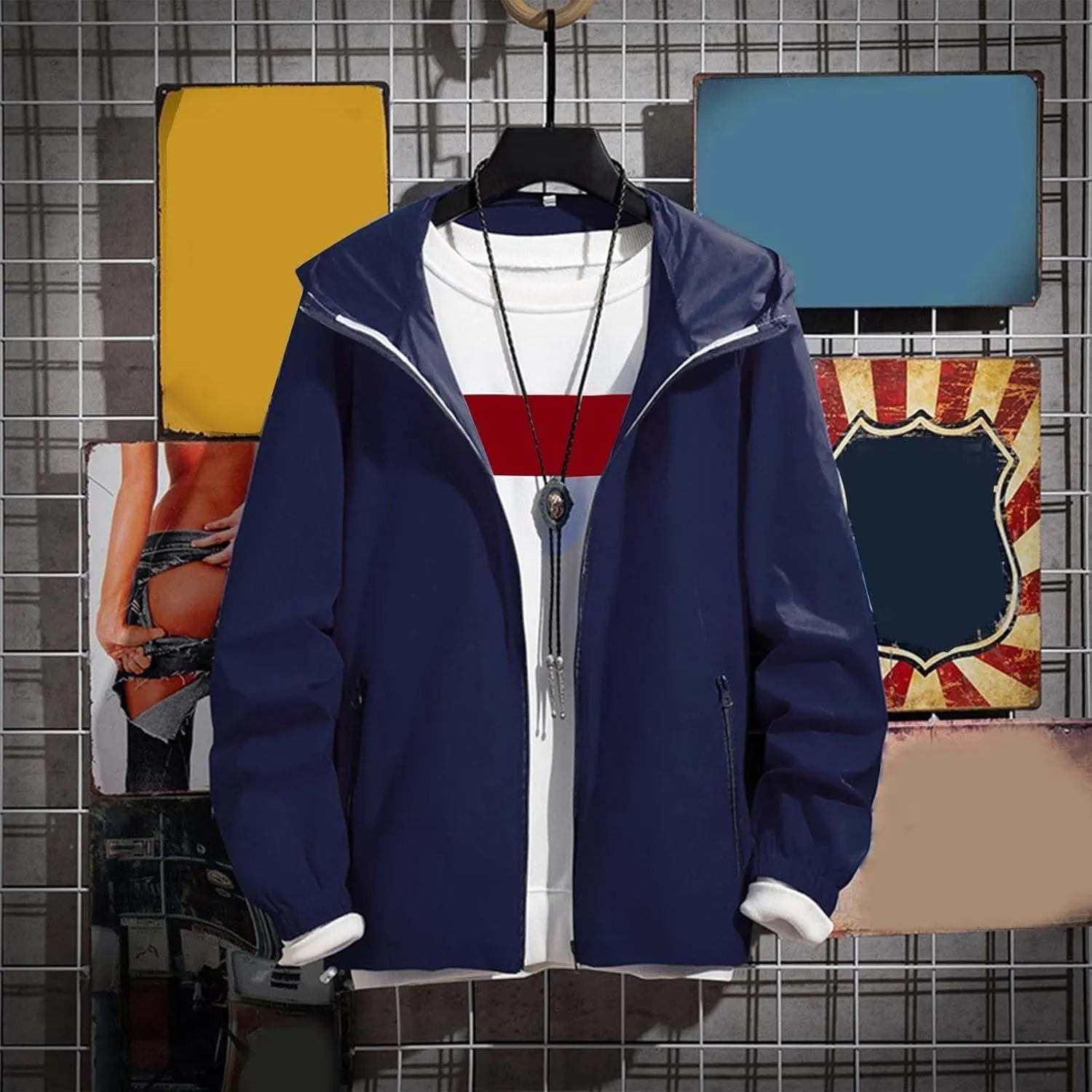 Men's Oversized Zip Up Raincoats Lightweight Waterproof Thin Outdoor Hiking Jackets with Hood Soft Shell Windbreaker