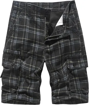 Men's Plaid Cargo Shorts Lightweight Casual Twill Work Shorts with Multi Pockets Loose Fit Military Workout Shorts