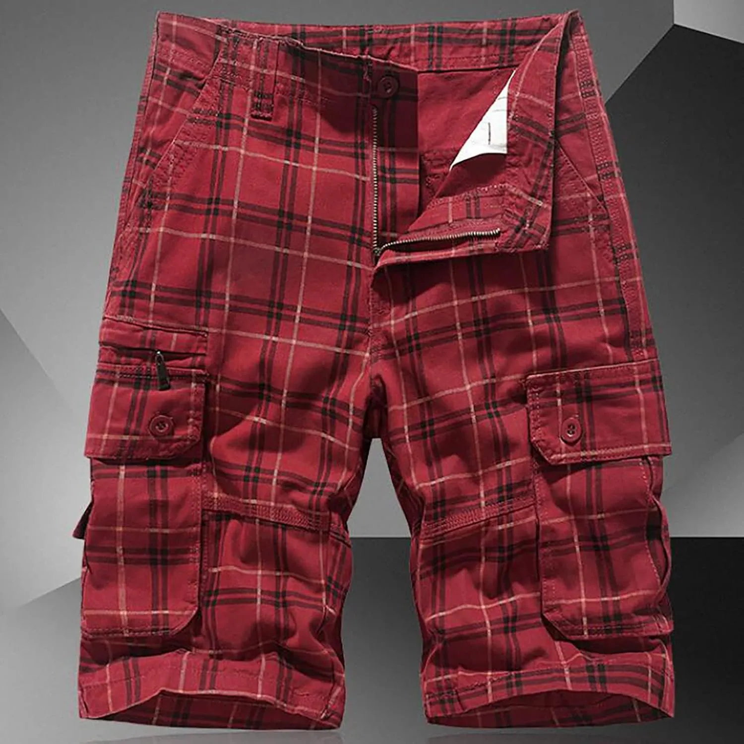 Men's Plaid Cargo Shorts Lightweight Casual Twill Work Shorts with Multi Pockets Loose Fit Military Workout Shorts