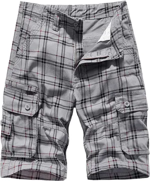 Men's Plaid Cargo Shorts Lightweight Casual Twill Work Shorts with Multi Pockets Loose Fit Military Workout Shorts