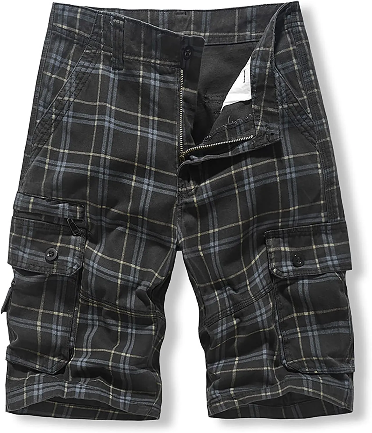 Men's Plaid Cargo Shorts Lightweight Casual Twill Work Shorts with Multi Pockets Loose Fit Military Workout Shorts