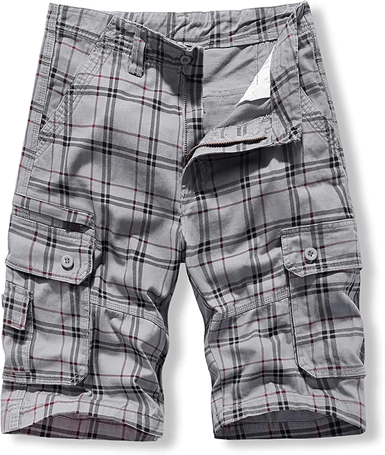 Men's Plaid Cargo Shorts Lightweight Casual Twill Work Shorts with Multi Pockets Loose Fit Military Workout Shorts