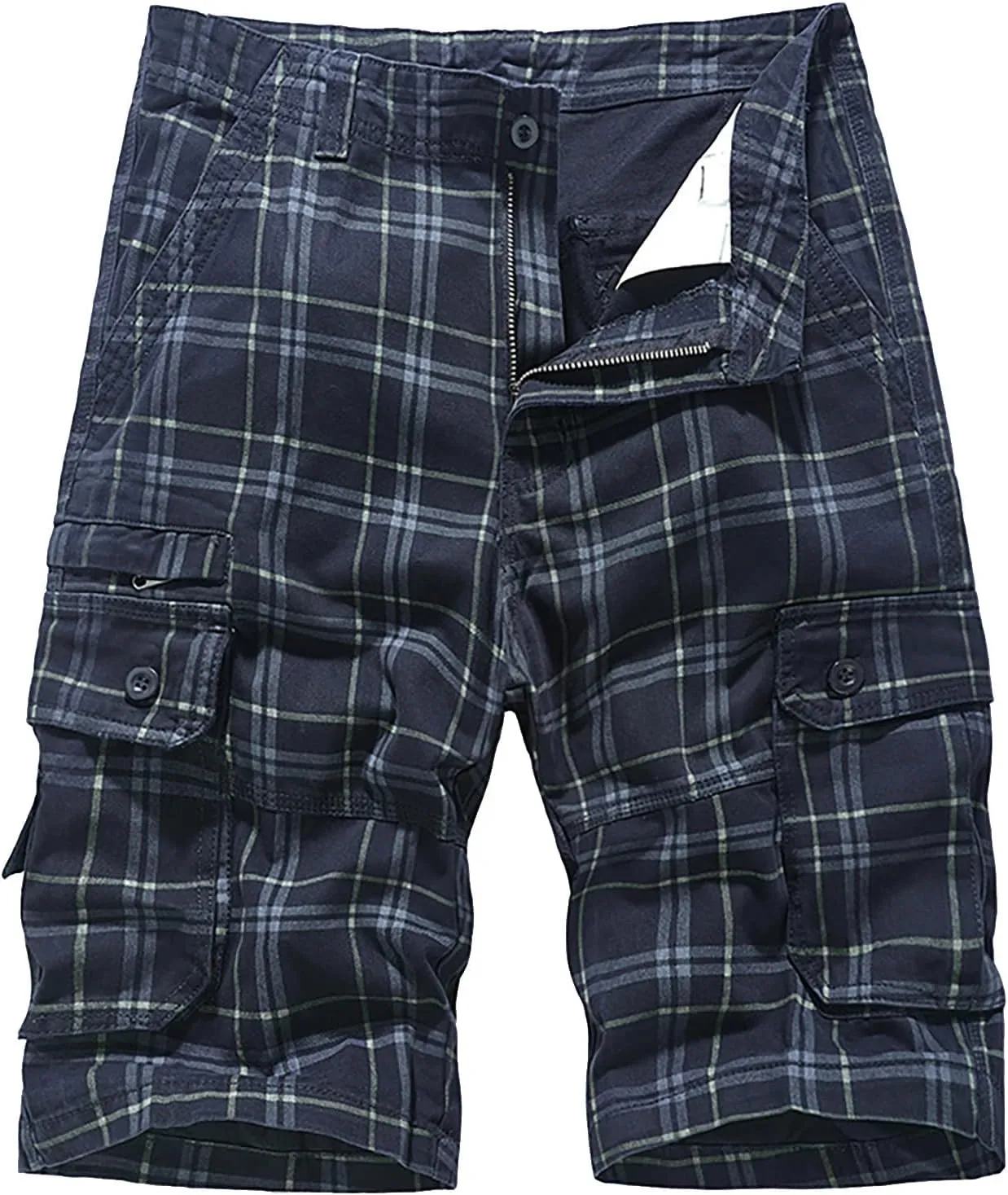 Men's Plaid Cargo Shorts Lightweight Casual Twill Work Shorts with Multi Pockets Loose Fit Military Workout Shorts