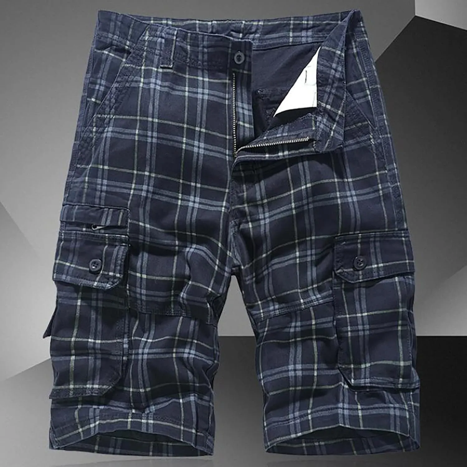 Men's Plaid Cargo Shorts Lightweight Casual Twill Work Shorts with Multi Pockets Loose Fit Military Workout Shorts