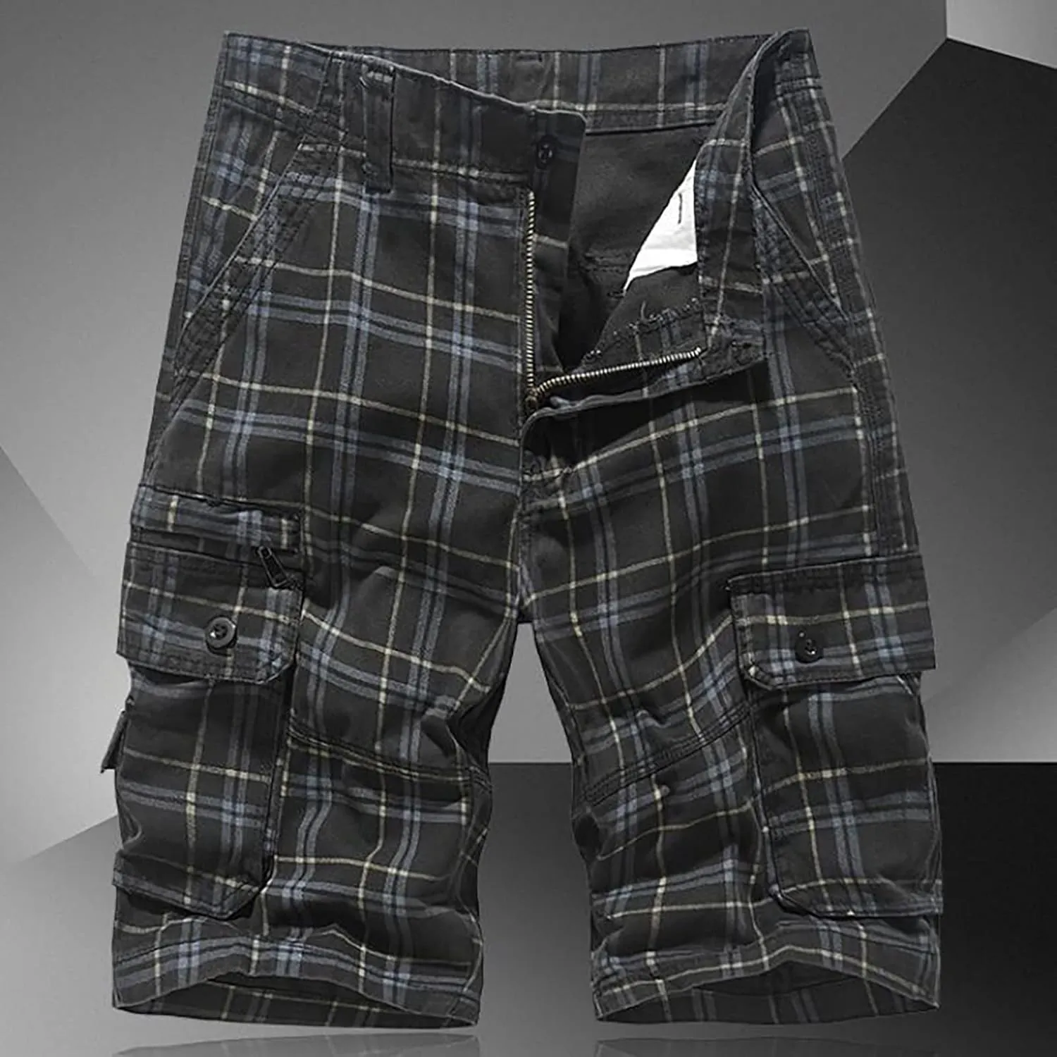 Men's Plaid Cargo Shorts Lightweight Casual Twill Work Shorts with Multi Pockets Loose Fit Military Workout Shorts