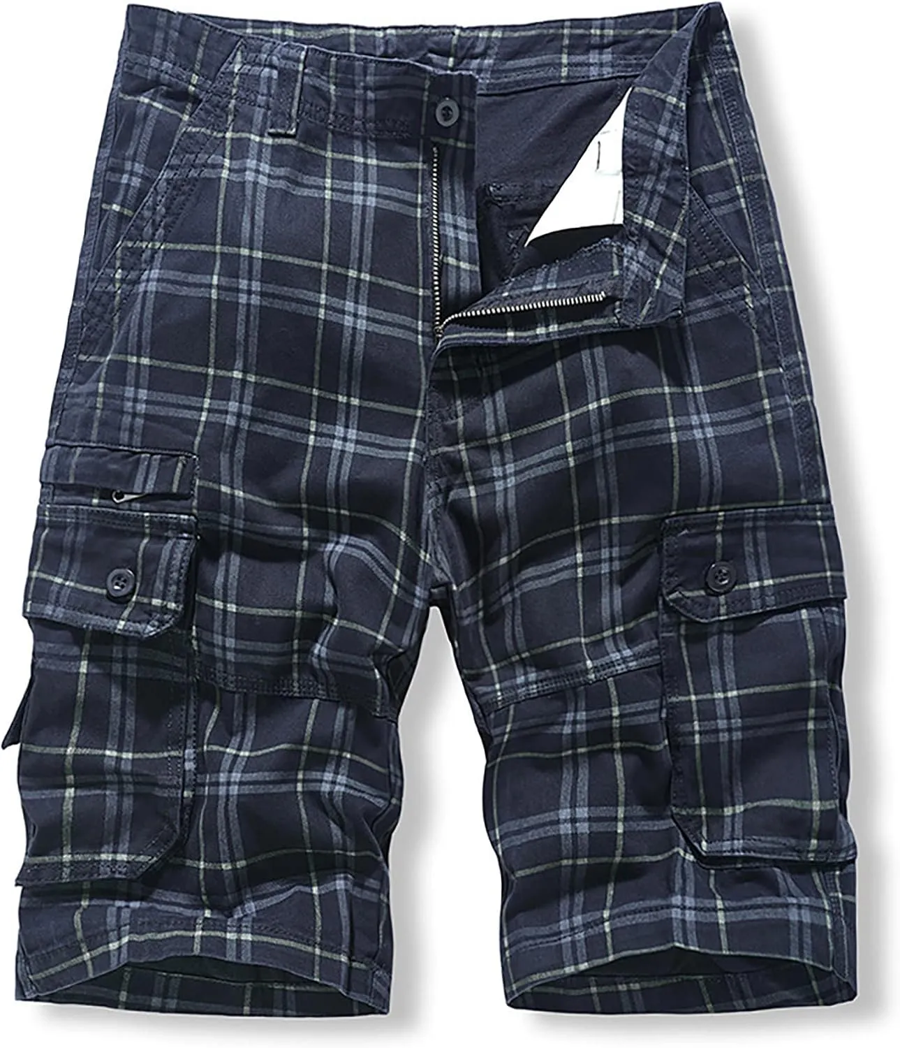 Men's Plaid Cargo Shorts Lightweight Casual Twill Work Shorts with Multi Pockets Loose Fit Military Workout Shorts