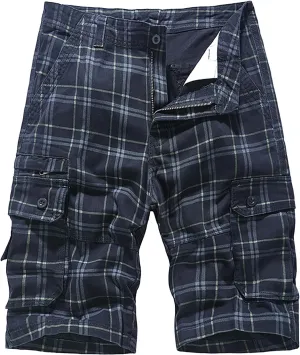 Men's Plaid Cargo Shorts Lightweight Casual Twill Work Shorts with Multi Pockets Loose Fit Military Workout Shorts
