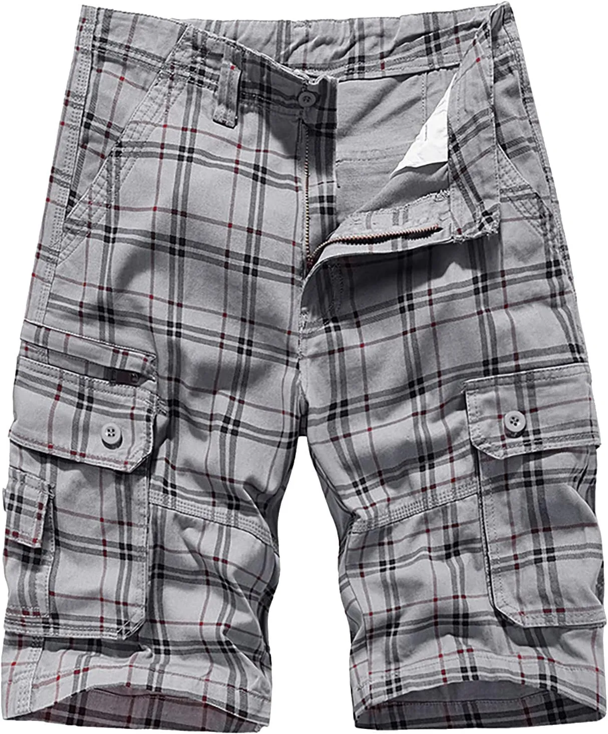 Men's Plaid Cargo Shorts Lightweight Casual Twill Work Shorts with Multi Pockets Loose Fit Military Workout Shorts
