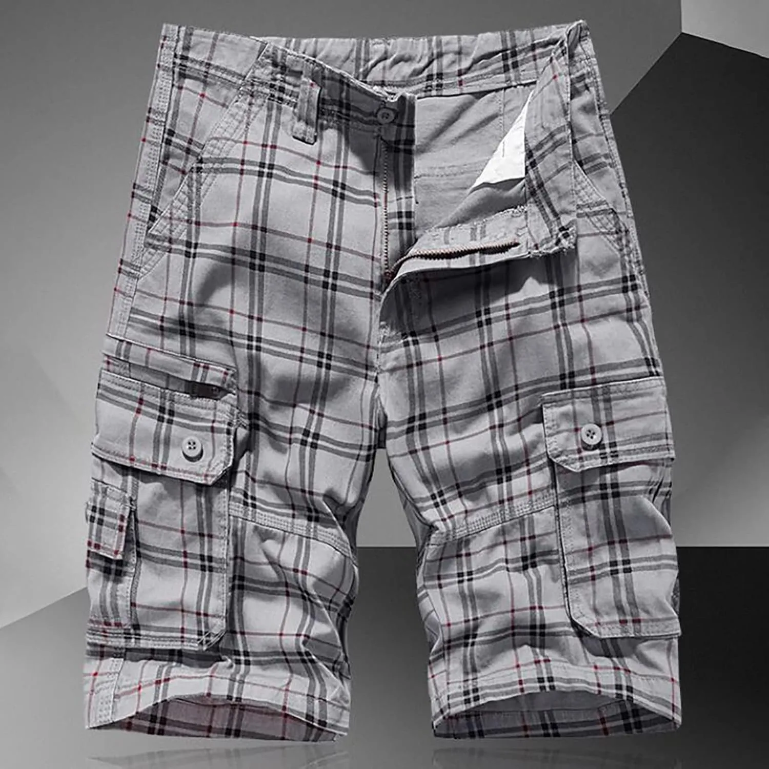 Men's Plaid Cargo Shorts Lightweight Casual Twill Work Shorts with Multi Pockets Loose Fit Military Workout Shorts