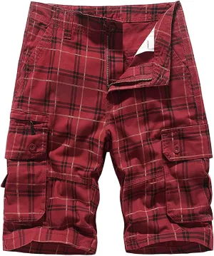 Men's Plaid Cargo Shorts Lightweight Casual Twill Work Shorts with Multi Pockets Loose Fit Military Workout Shorts