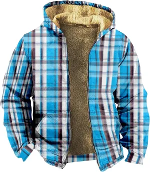 Mens Plaid Fleece Lined Hoodies Jackets Long Sleeve Cardigan Casual Jacket Slim Warm Thicken Coats Trendy Clothes