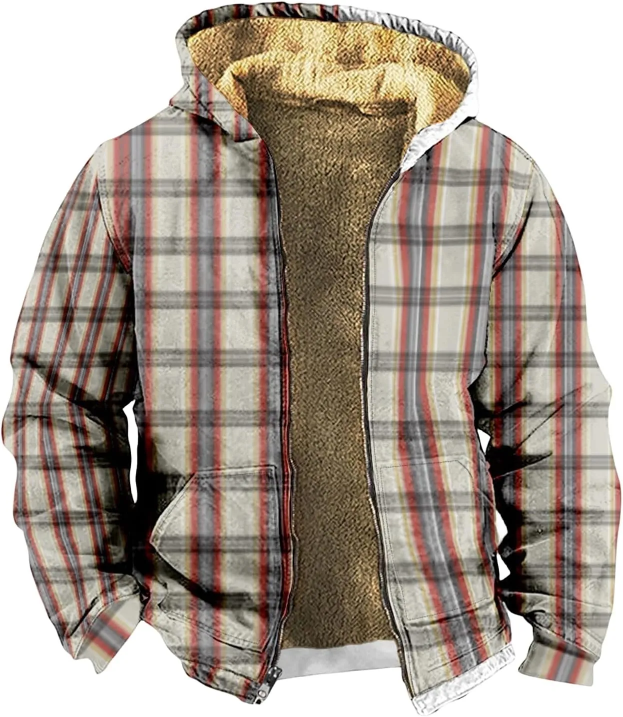 Mens Plaid Fleece Lined Hoodies Jackets Long Sleeve Cardigan Casual Jacket Slim Warm Thicken Coats Trendy Clothes