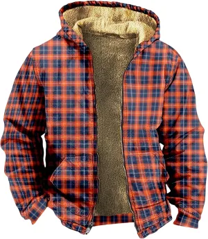 Mens Plaid Fleece Lined Hoodies Jackets Long Sleeve Cardigan Casual Jacket Slim Warm Thicken Coats Trendy Clothes