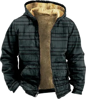 Mens Plaid Fleece Lined Hoodies Jackets Long Sleeve Cardigan Casual Jacket Slim Warm Thicken Coats Trendy Clothes