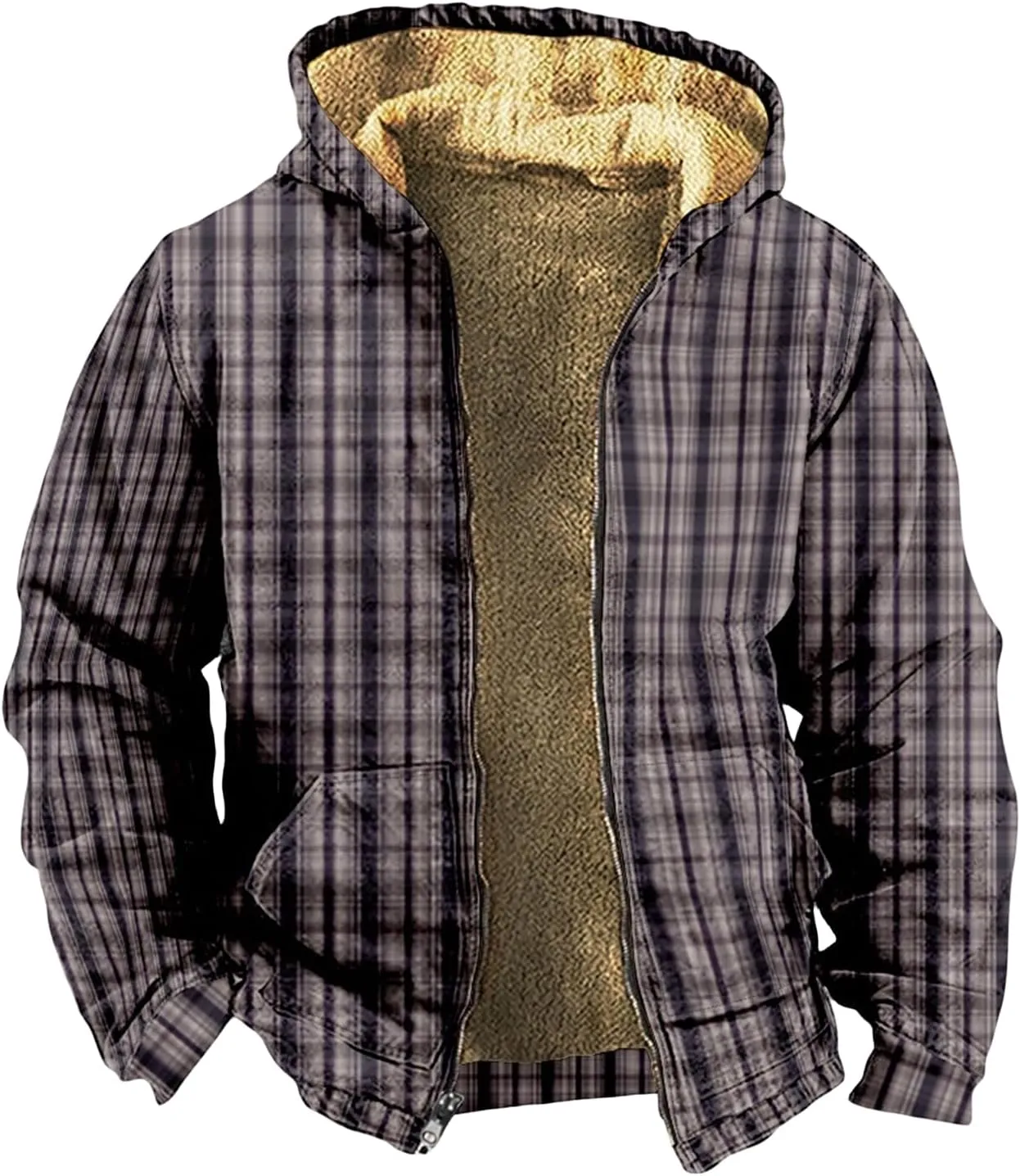 Mens Plaid Fleece Lined Hoodies Jackets Long Sleeve Cardigan Casual Jacket Slim Warm Thicken Coats Trendy Clothes