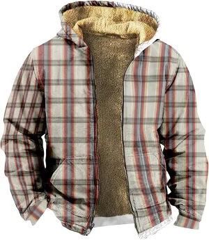 Mens Plaid Fleece Lined Hoodies Jackets Long Sleeve Cardigan Casual Jacket Slim Warm Thicken Coats Trendy Clothes