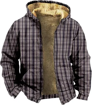 Mens Plaid Fleece Lined Hoodies Jackets Long Sleeve Cardigan Casual Jacket Slim Warm Thicken Coats Trendy Clothes