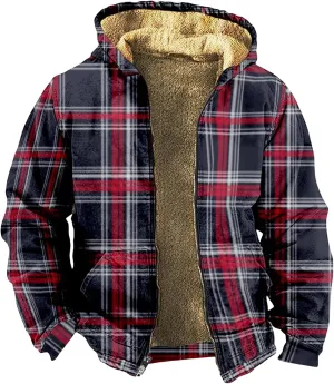 Mens Plaid Fleece Lined Hoodies Jackets Long Sleeve Cardigan Casual Jacket Slim Warm Thicken Coats Trendy Clothes
