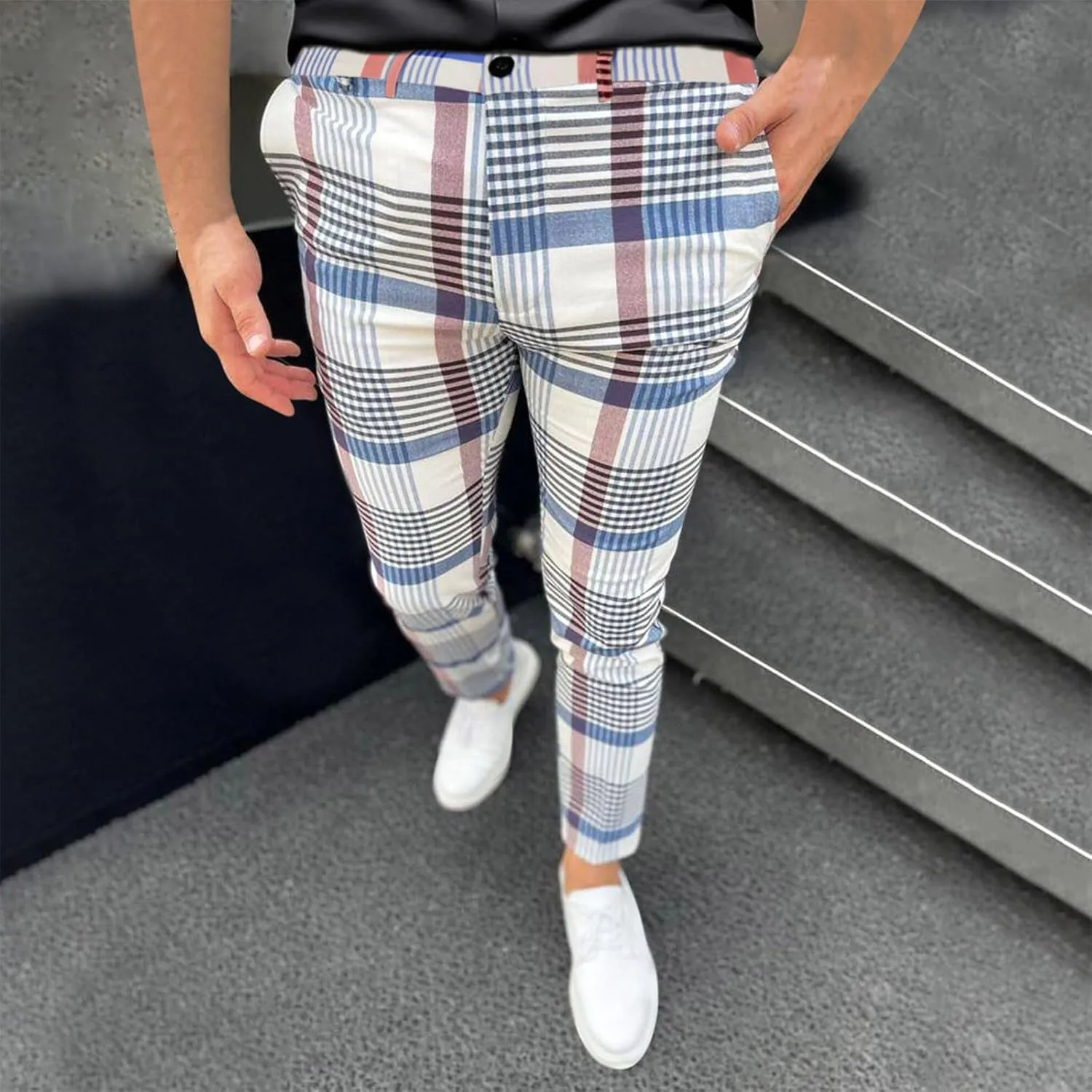 Mens Plaid Pants Skinny Dress Pants Slim Fit Business Slacks Casual Work Pants Comfy Suit Pants Comfy Golf Trousers