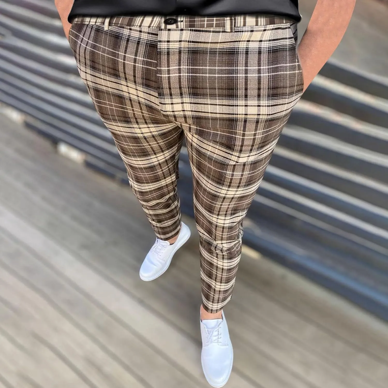Mens Plaid Pants Skinny Dress Pants Slim Fit Business Slacks Casual Work Pants Comfy Suit Pants Comfy Golf Trousers