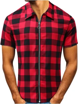 Mens Plaid Shirt Short Sleeve Summer Full Zip Up V Neck Beach Shirts Classic Slim Fit Cardigan Casual Trendy T Shirt