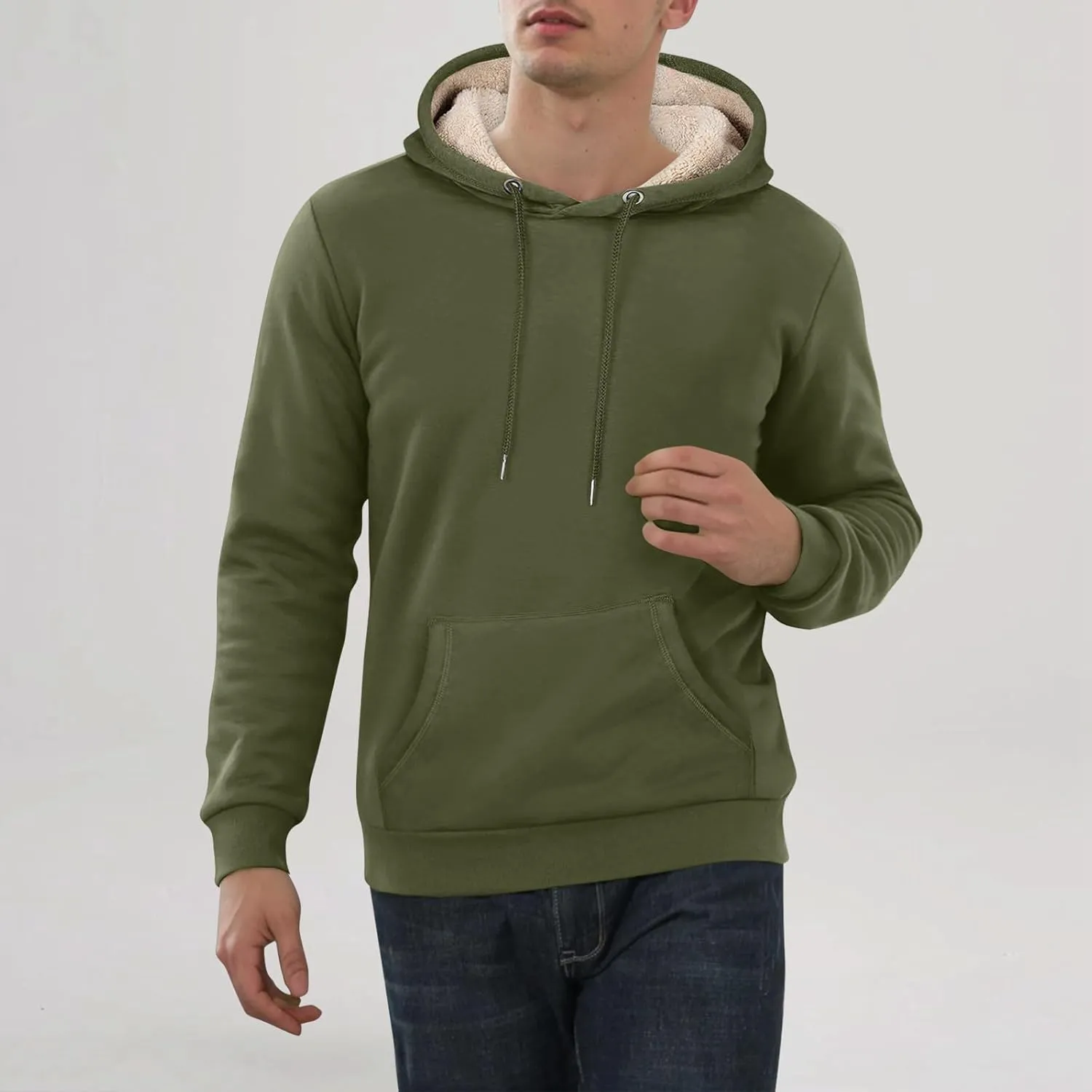 Men's Pullover Heavy Hoodie Sherpa Fleece Lined Kangaroo Pocke Winter Warm Solid Hooded Athletic Sweatshirt