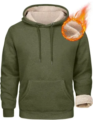 Men's Pullover Heavy Hoodie Sherpa Fleece Lined Kangaroo Pocke Winter Warm Solid Hooded Athletic Sweatshirt