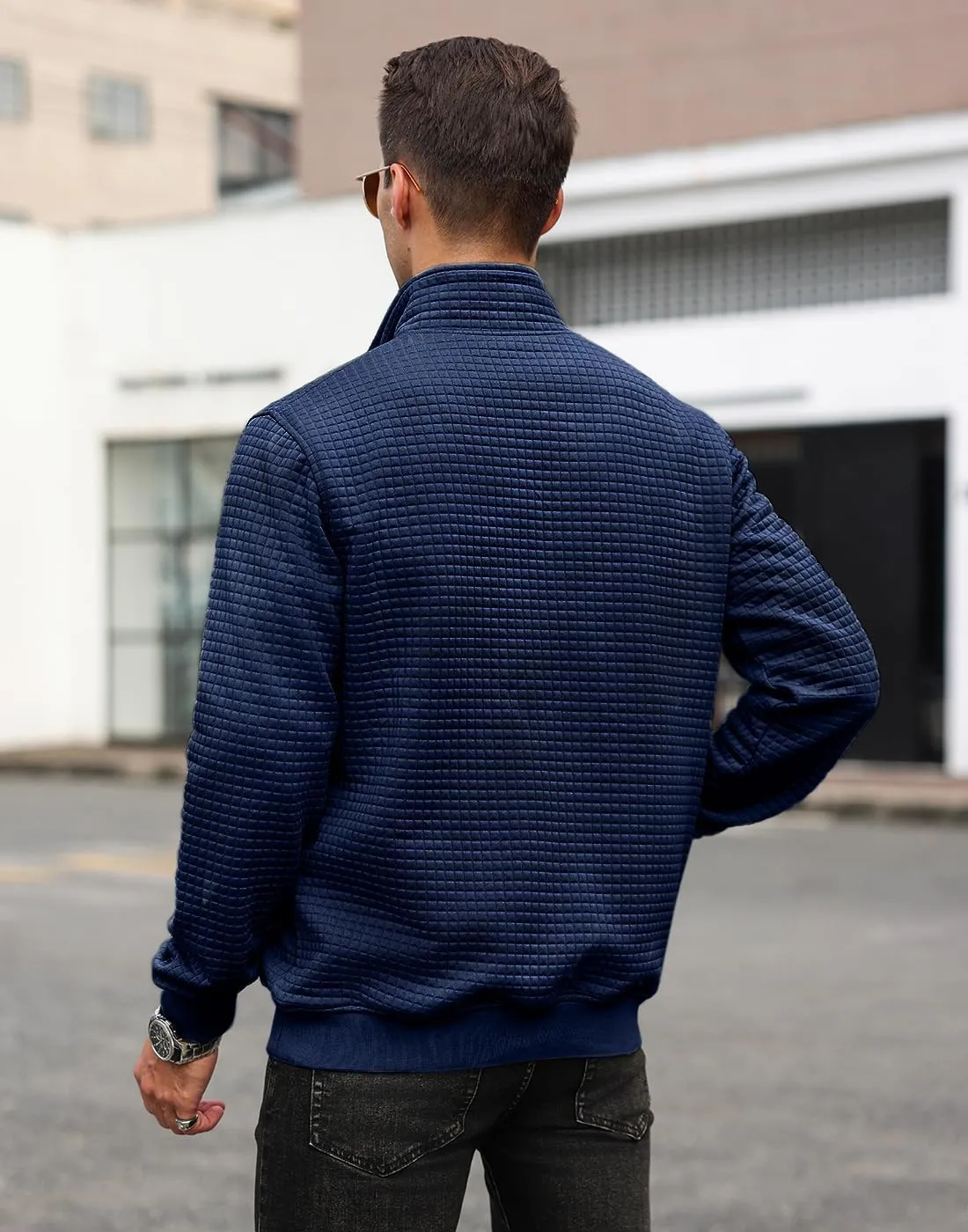 Men's Quilted Sweatshirt Casual Waffle Stand Collar Button Pullover Sweatshirts